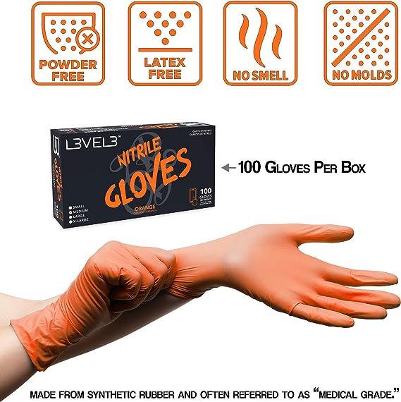 L3VEL3 Nitrile Gloves 100ct Orange Large